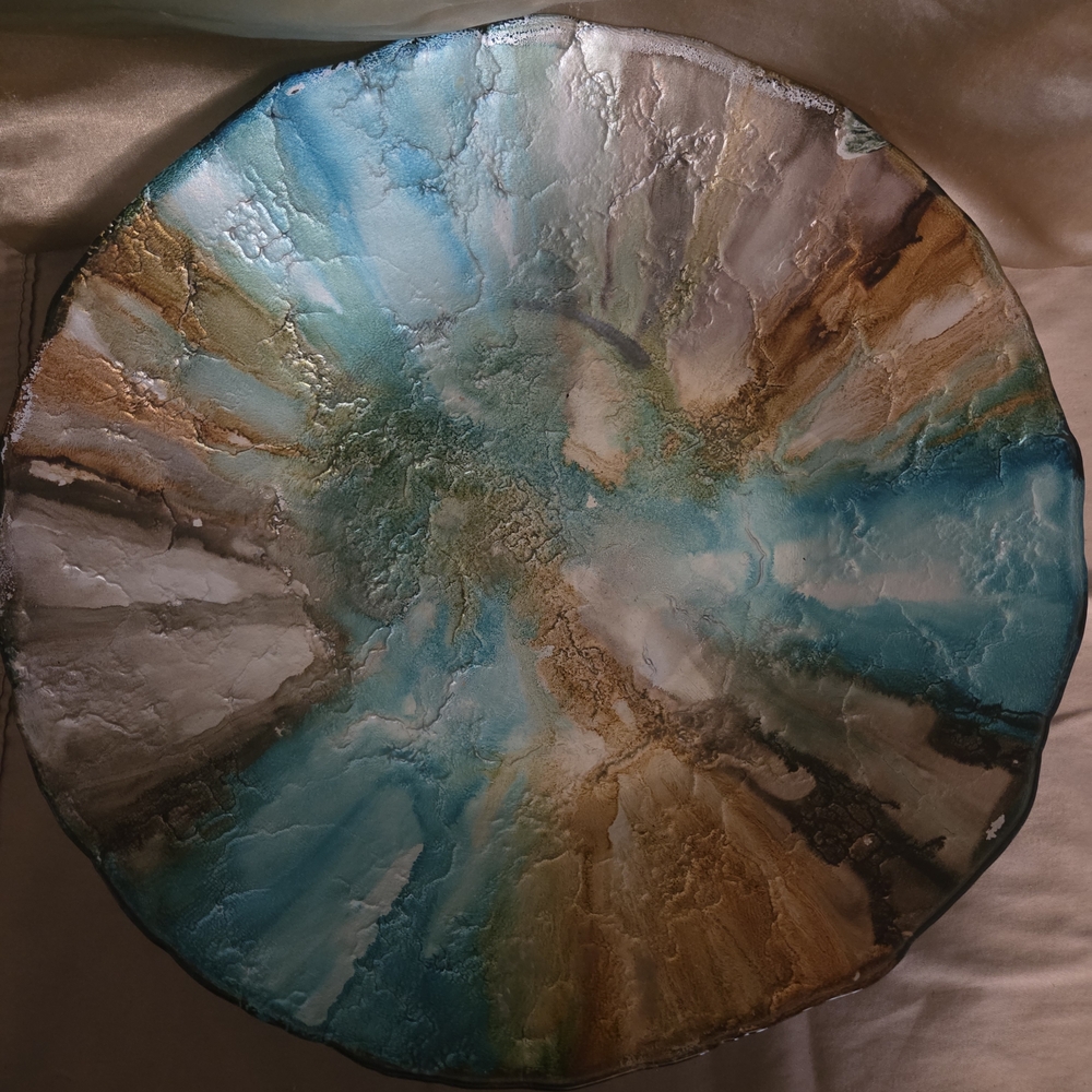 Stunning Large Multicolored Art Glass Bowl Blue, Brown,& White Swirl Centerpiece - Picture 5 of 15
